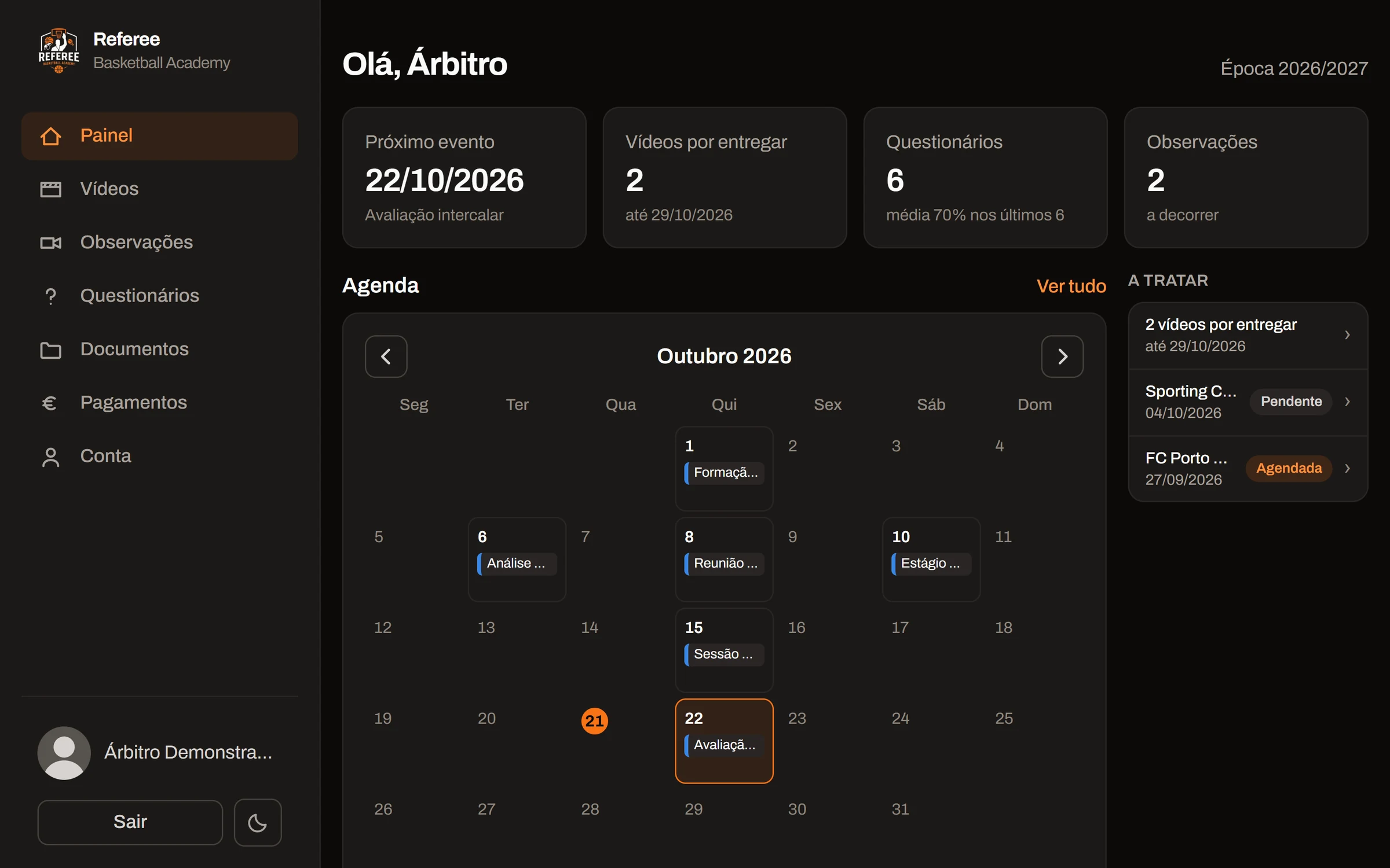 O painel da área reservada: quatro indicadores, a agenda do mês e a lista do que há para tratar.